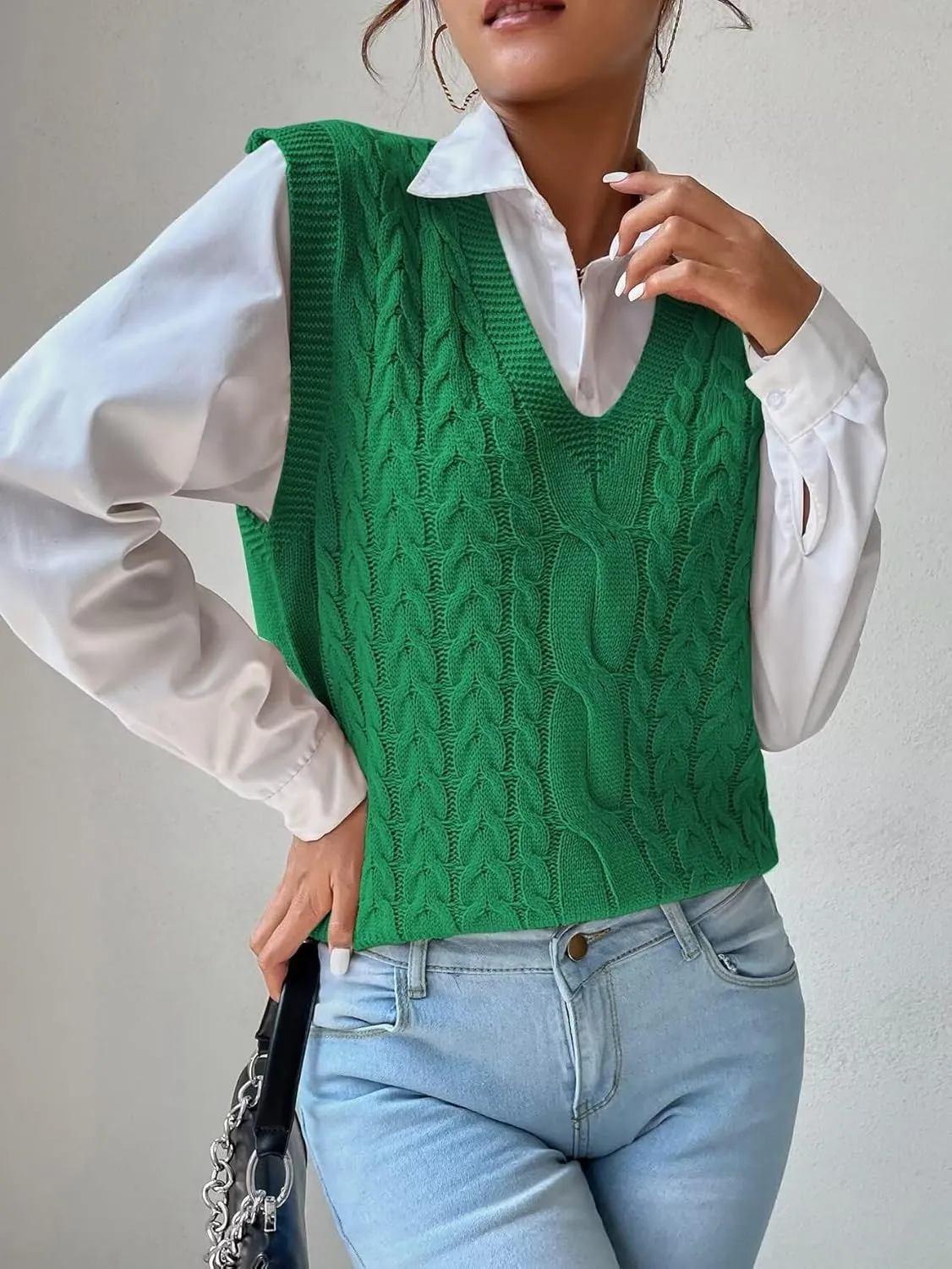 Womens Sweater Vest Cable Knit Casual V Neck Ribbed Preppy Pullover Tops Sleeveless