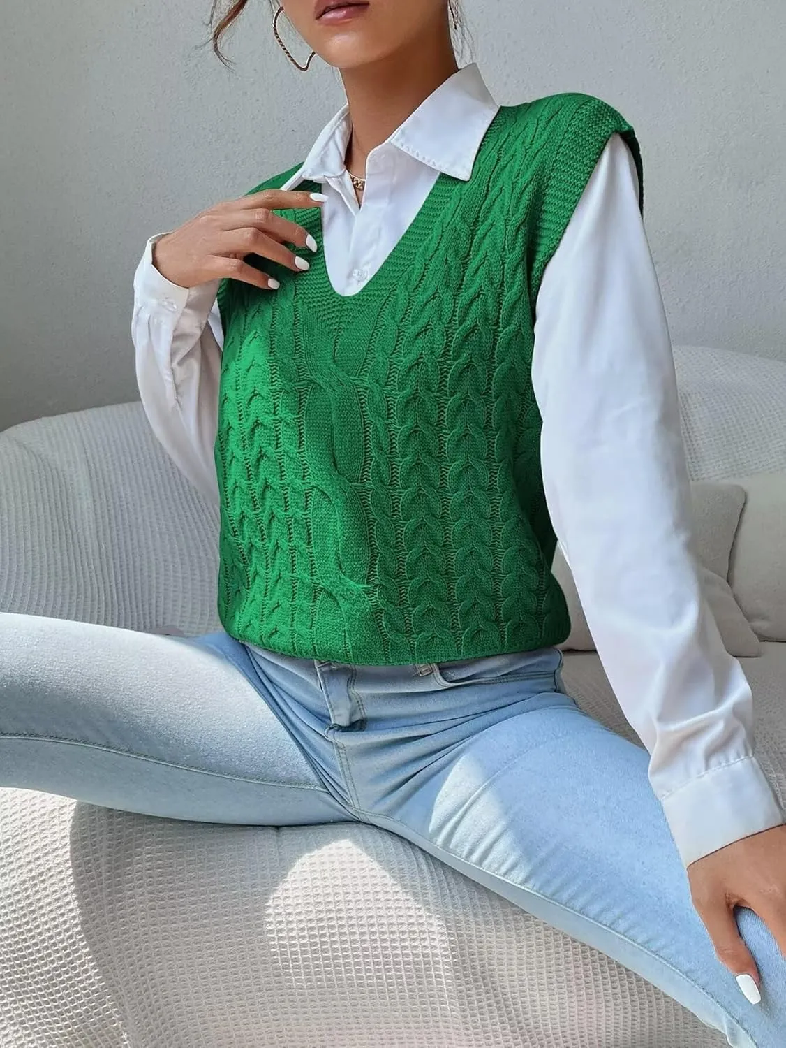Womens Sweater Vest Cable Knit Casual V Neck Ribbed Preppy Pullover Tops Sleeveless