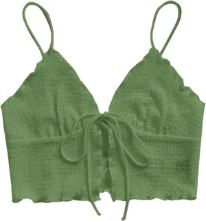 Women's Tie Front V Neck Crop Camisole Top Lettuce Trim Slim Fit Spaghetti Strap Tank Top