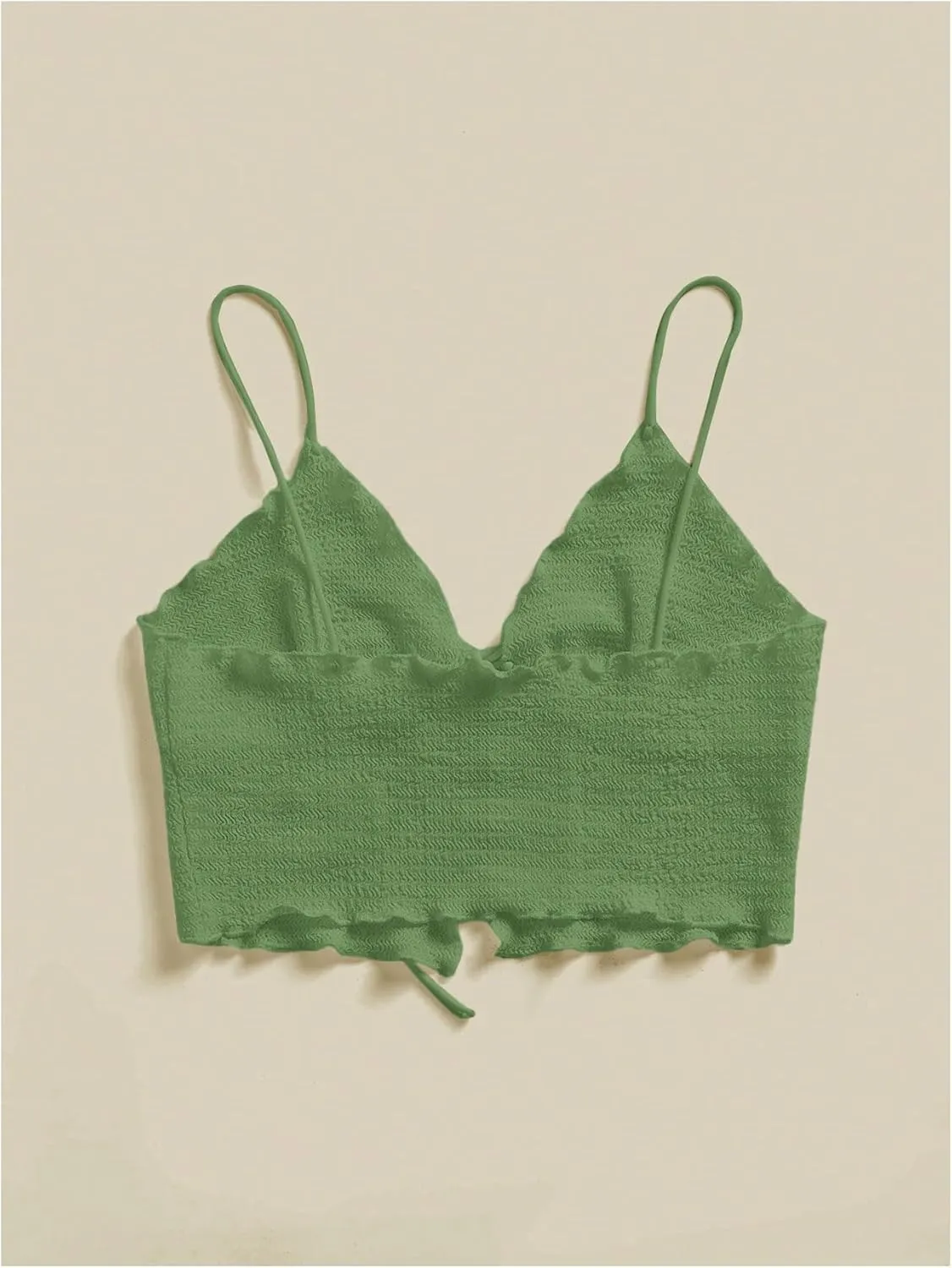 Women's Tie Front V Neck Crop Camisole Top Lettuce Trim Slim Fit Spaghetti Strap Tank Top