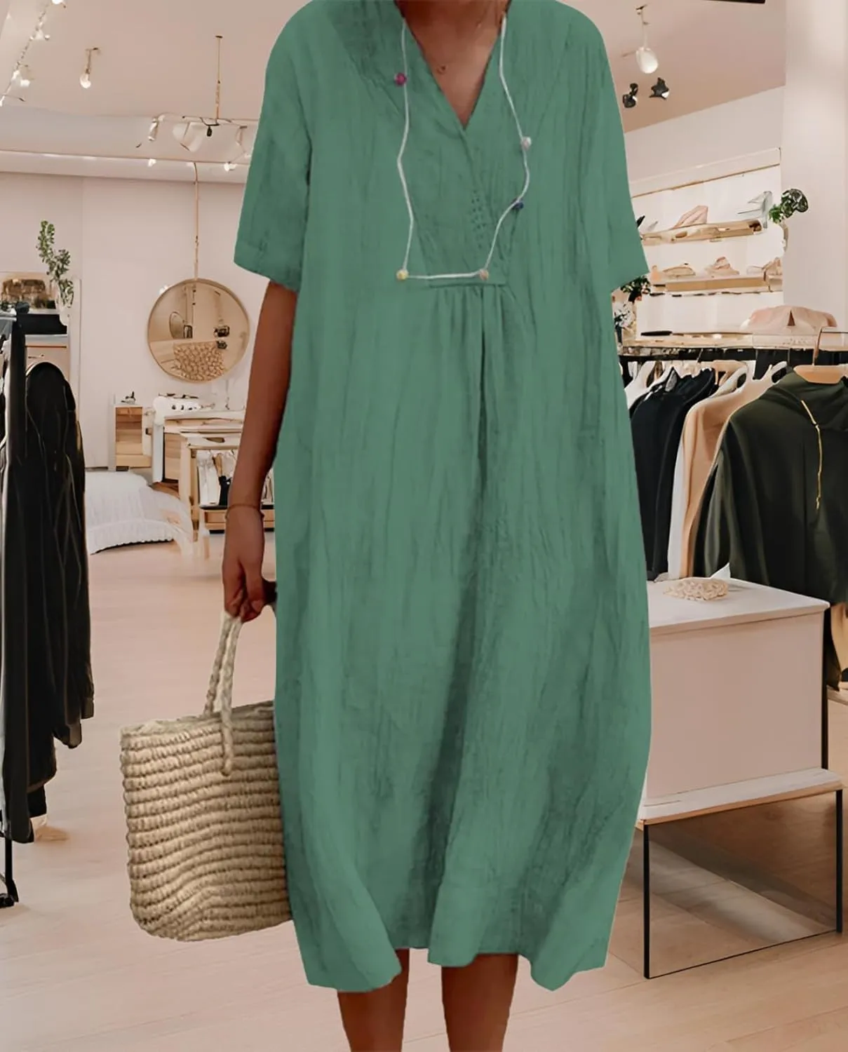 Women's Travel Essential Dress Casual Summer V-Neck Short-Sleeved Loose Medium-Length Cotton Linen Breathable