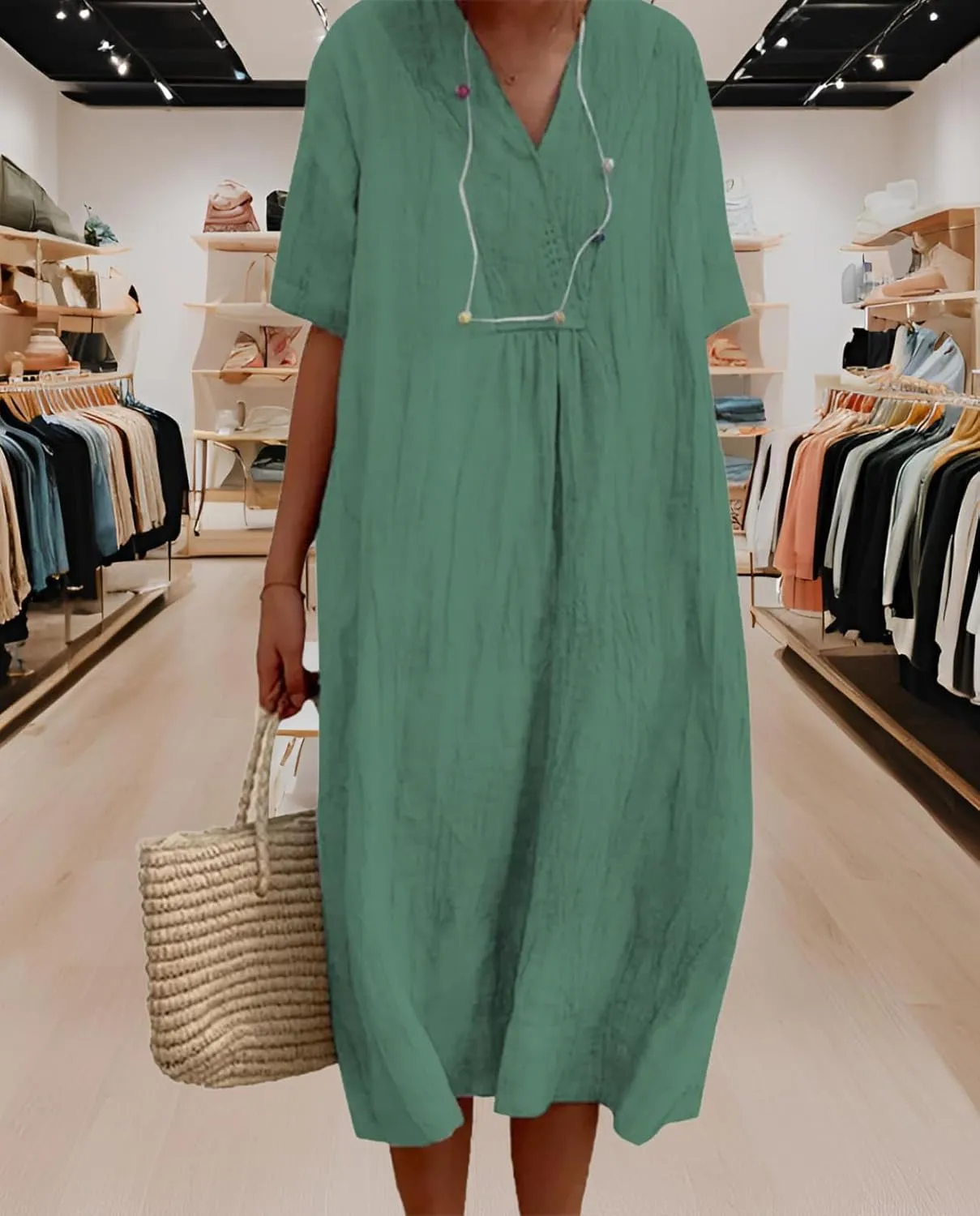 Women's Travel Essential Dress Casual Summer V-Neck Short-Sleeved Loose Medium-Length Cotton Linen Breathable