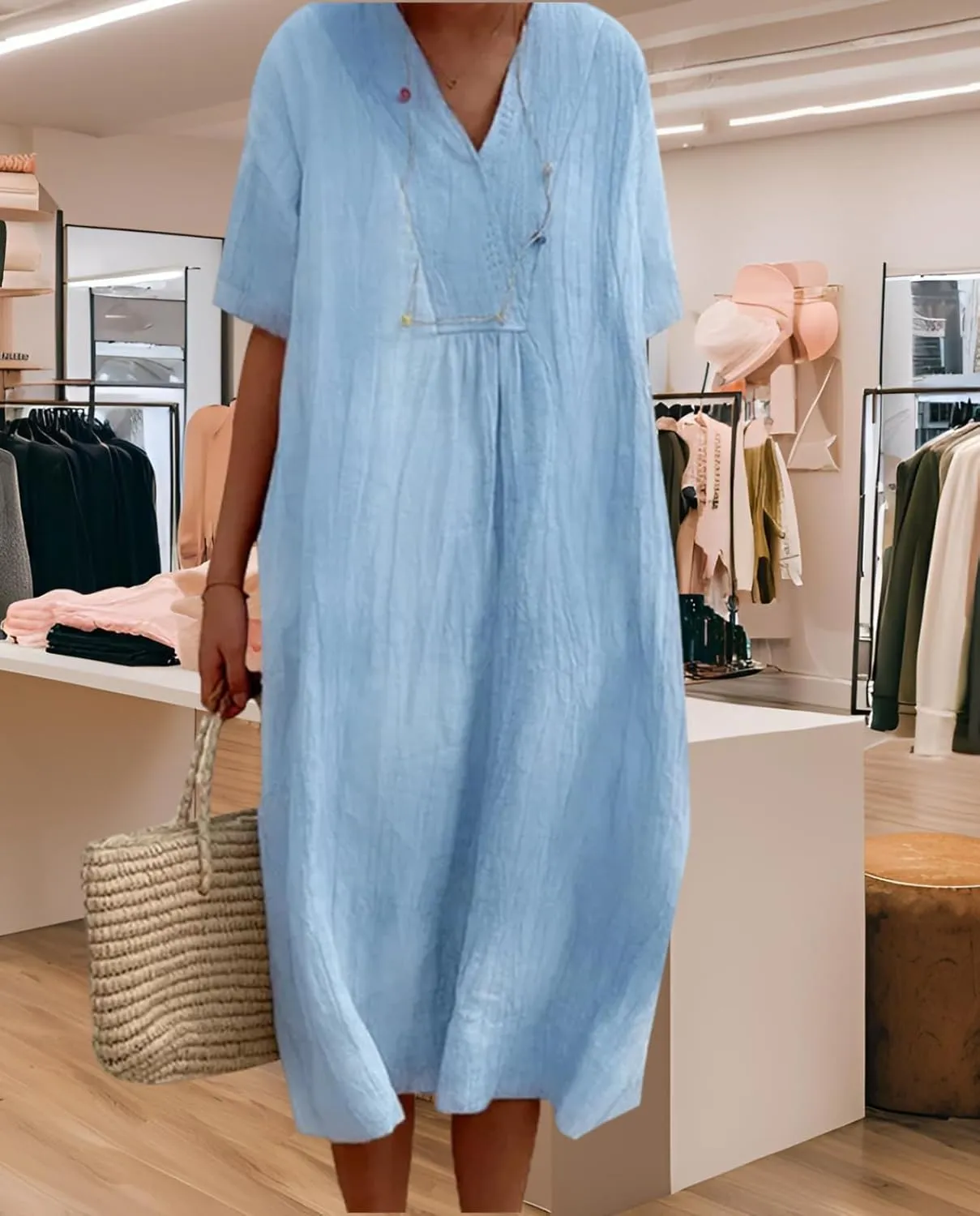 Women's Travel Essential Dress Casual Summer V-Neck Short-Sleeved Loose Medium-Length Cotton Linen Breathable