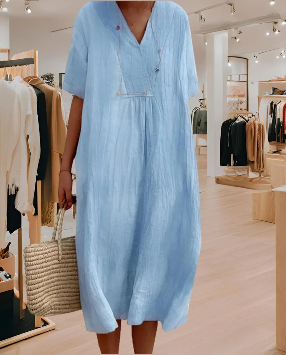 Women's Travel Essential Dress Casual Summer V-Neck Short-Sleeved Loose Medium-Length Cotton Linen Breathable