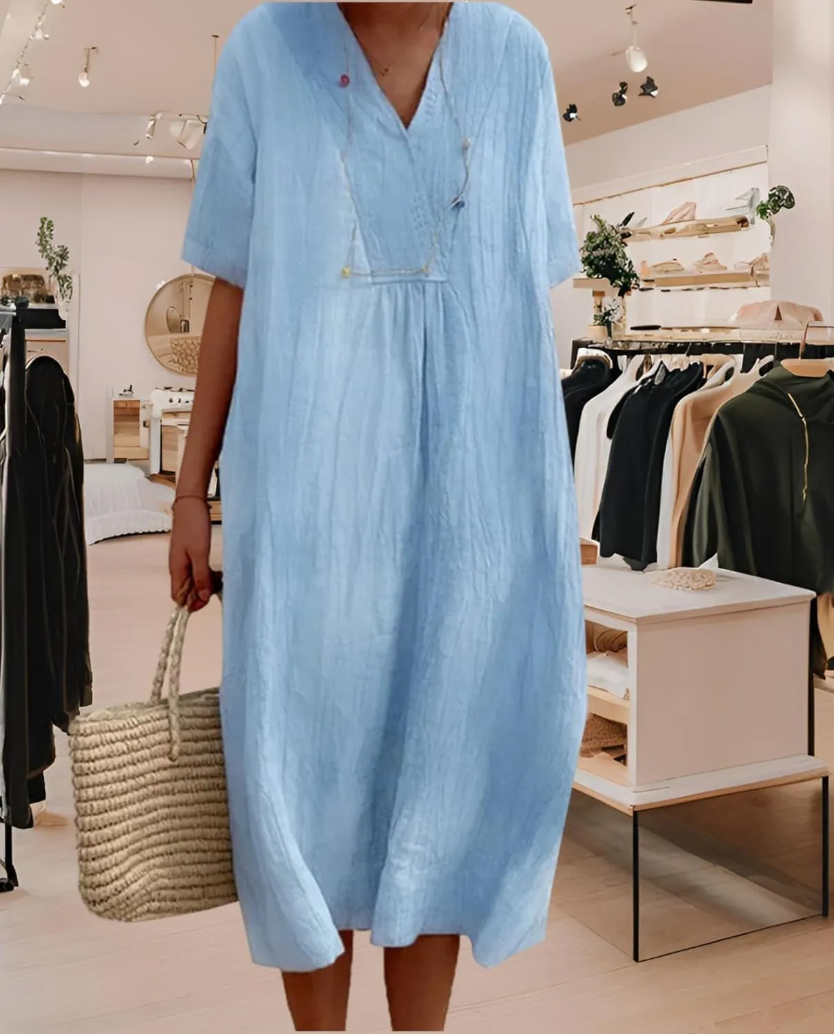 Women's Travel Essential Dress Casual Summer V-Neck Short-Sleeved Loose Medium-Length Cotton Linen Breathable