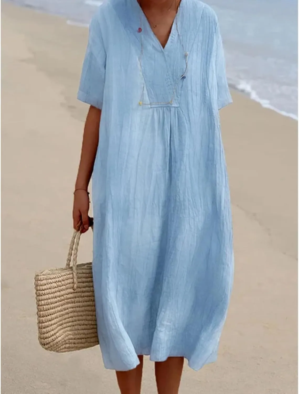 Women's Travel Essential Dress Casual Summer V-Neck Short-Sleeved Loose Medium-Length Cotton Linen Breathable