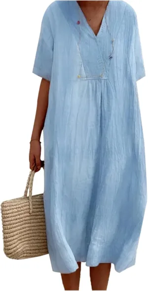 Women's Travel Essential Dress Casual Summer V-Neck Short-Sleeved Loose Medium-Length Cotton Linen Breathable