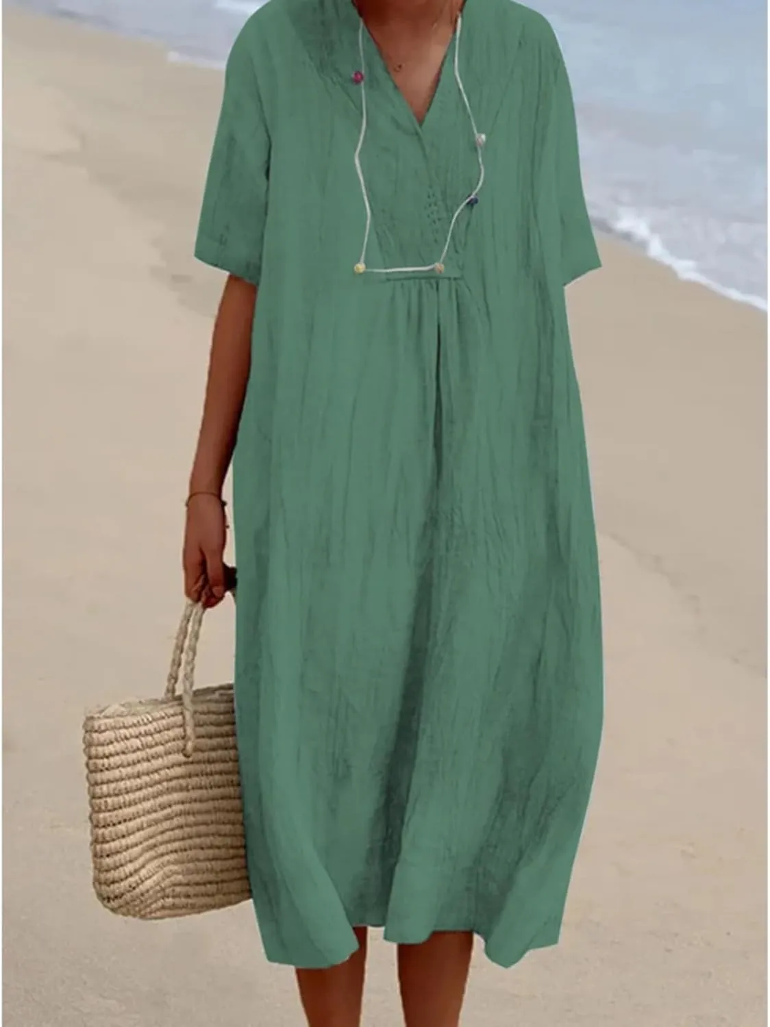 Women's Travel Essential Dress Casual Summer V-Neck Short-Sleeved Loose Medium-Length Cotton Linen Breathable