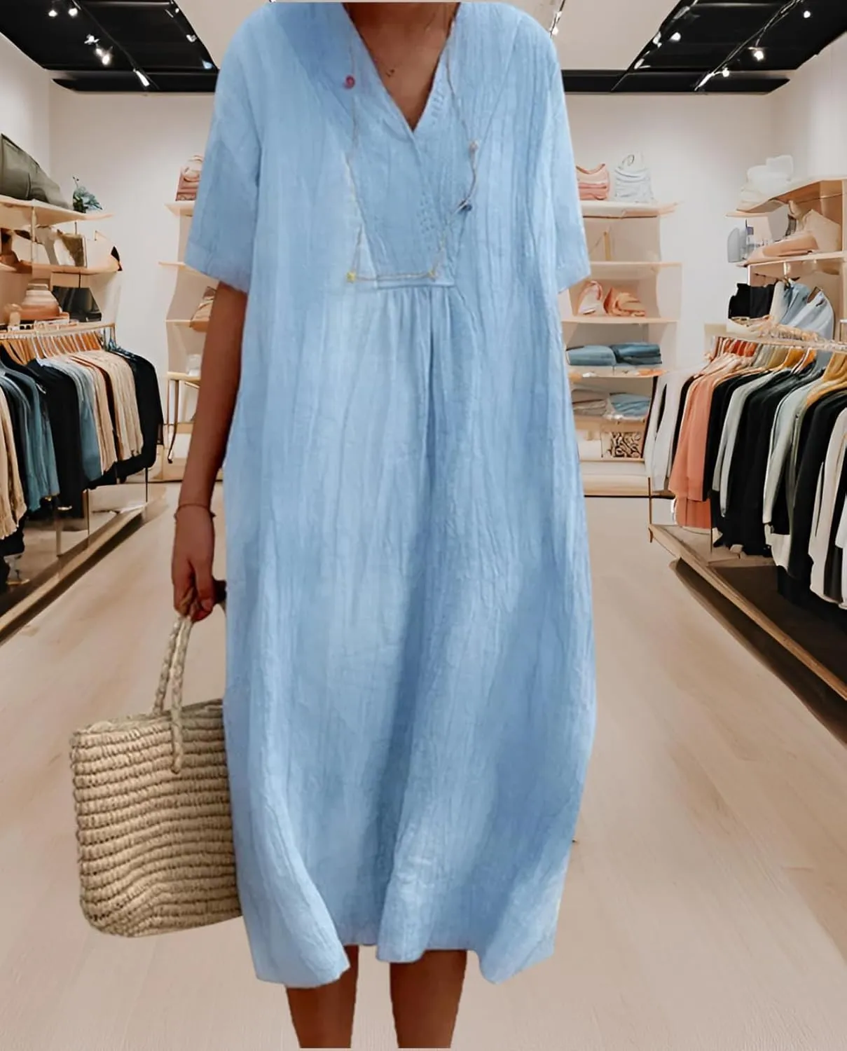 Women's Travel Essential Dress Casual Summer V-Neck Short-Sleeved Loose Medium-Length Cotton Linen Breathable