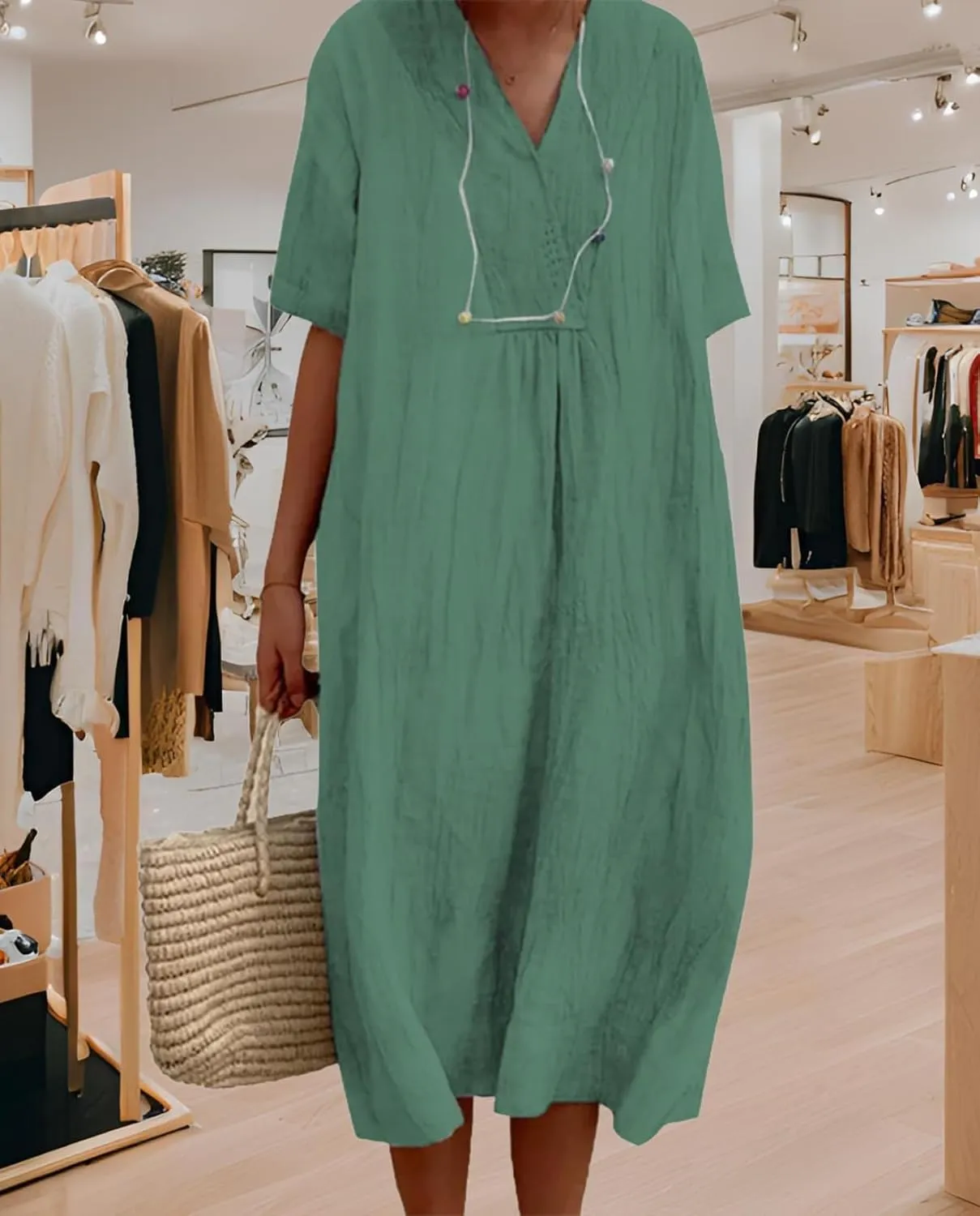 Women's Travel Essential Dress Casual Summer V-Neck Short-Sleeved Loose Medium-Length Cotton Linen Breathable