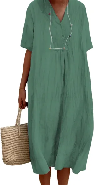 Women's Travel Essential Dress Casual Summer V-Neck Short-Sleeved Loose Medium-Length Cotton Linen Breathable