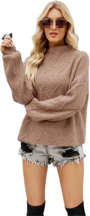 Women's Turtleneck Knitted Sweater Loose Oversize Long Lantern Sleeve Warm Pullover Jumper