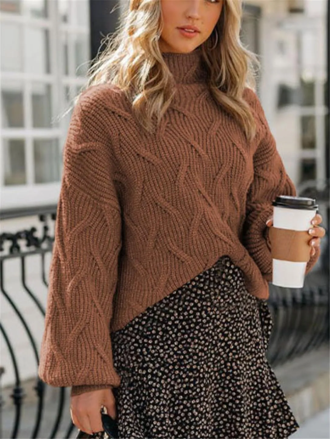 Women's Turtleneck Knitted Sweater Loose Oversize Long Lantern Sleeve Warm Pullover Jumper