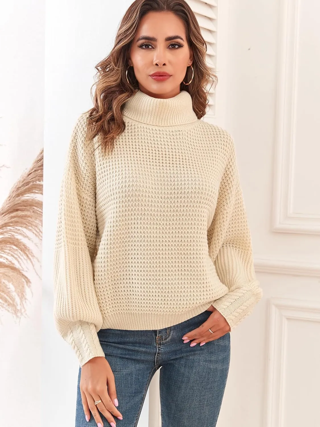 Women's Turtleneck Long Lantern Sleeve Sweater Waffle Knit Oversized Pullover Jumper Top