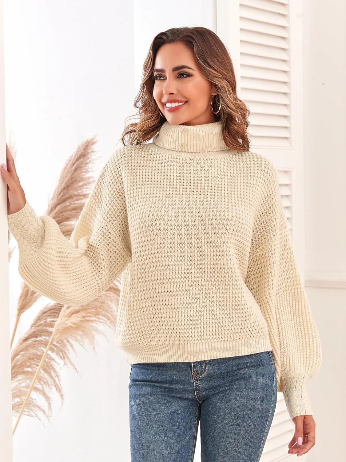 Women's Turtleneck Long Lantern Sleeve Sweater Waffle Knit Oversized Pullover Jumper Top