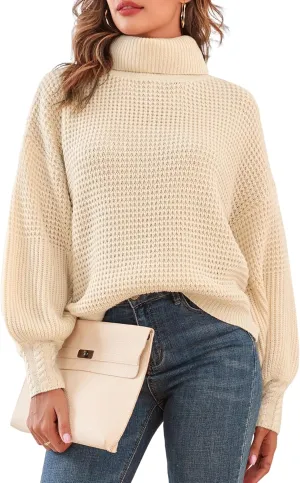 Women's Turtleneck Long Lantern Sleeve Sweater Waffle Knit Oversized Pullover Jumper Top
