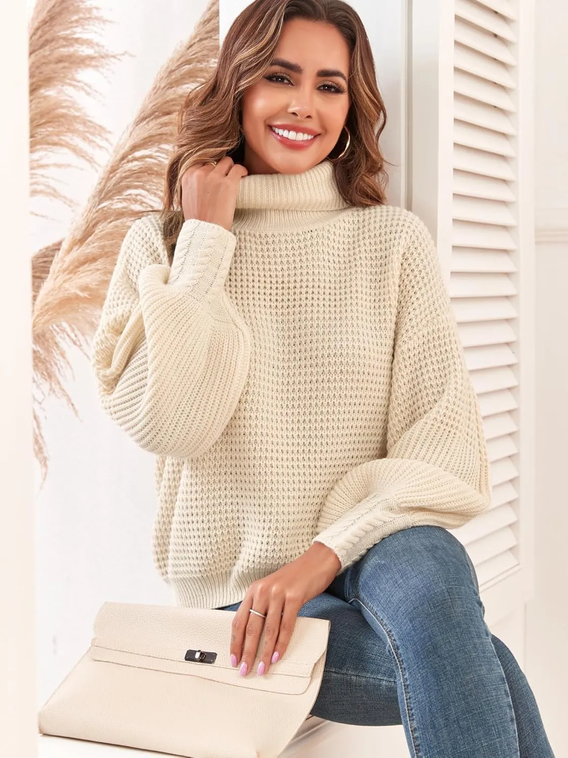 Women's Turtleneck Long Lantern Sleeve Sweater Waffle Knit Oversized Pullover Jumper Top