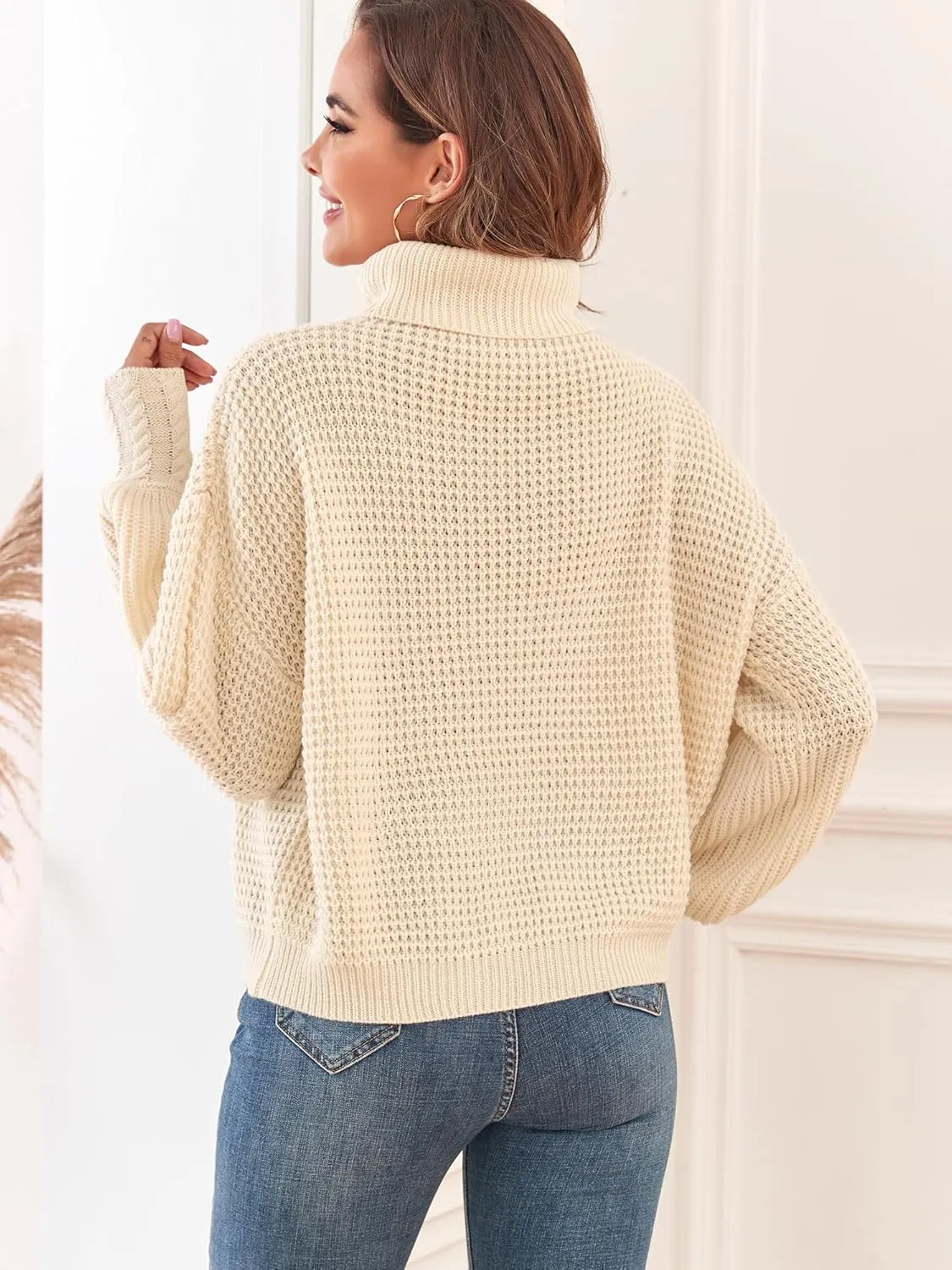 Women's Turtleneck Long Lantern Sleeve Sweater Waffle Knit Oversized Pullover Jumper Top