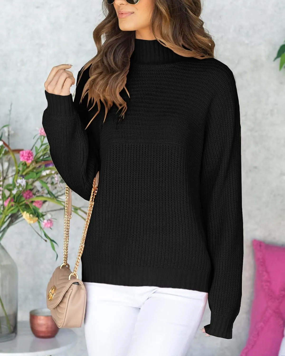Womens Turtleneck Long Sleeve Knit Pullover Sweaters Solid Fall Winter Casual Spilt Hem Sweater Tops