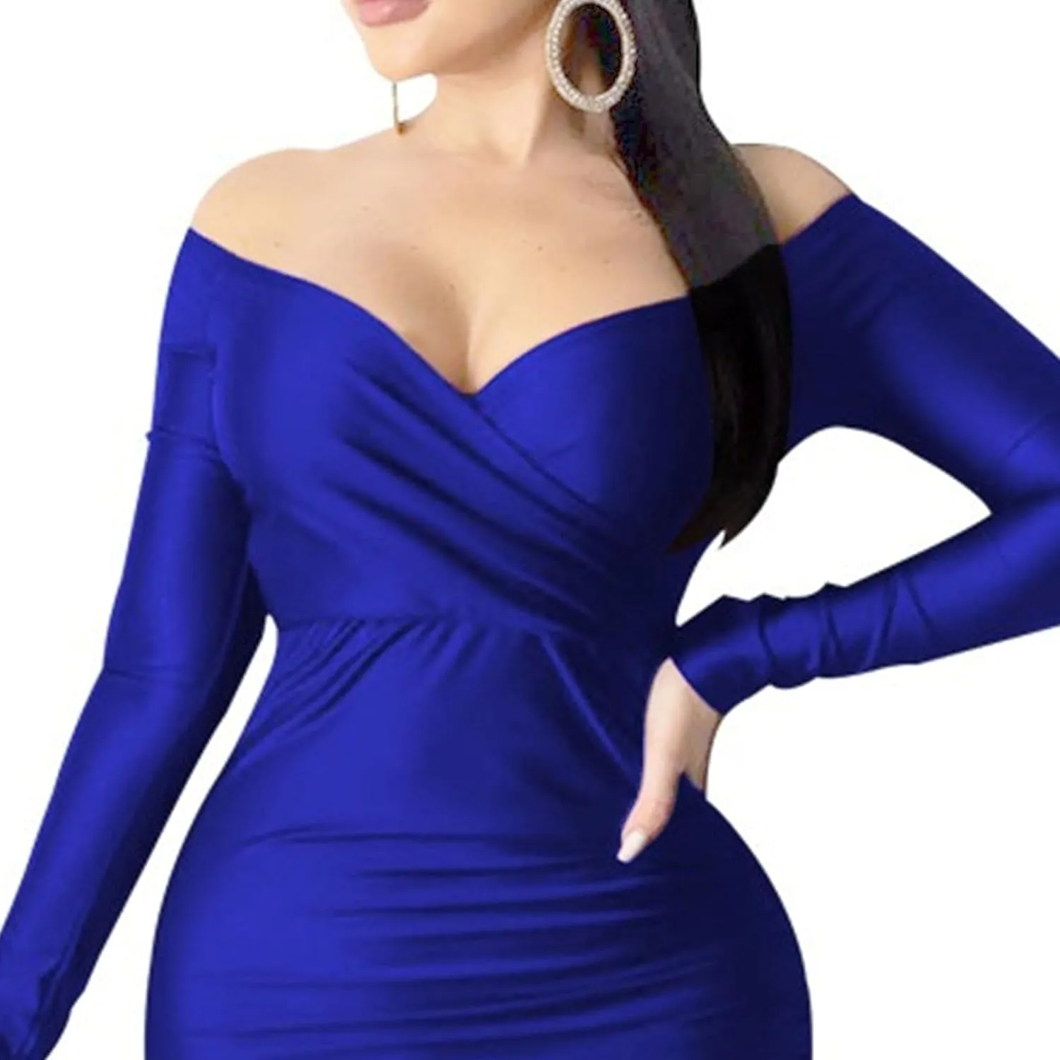 Women's V Neck Off Shoulder Club Party Dress Bodycon Fashion Split Hem Dress Ruched Satin Maxi Dresses