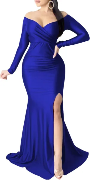 Women's V Neck Off Shoulder Club Party Dress Bodycon Fashion Split Hem Dress Ruched Satin Maxi Dresses