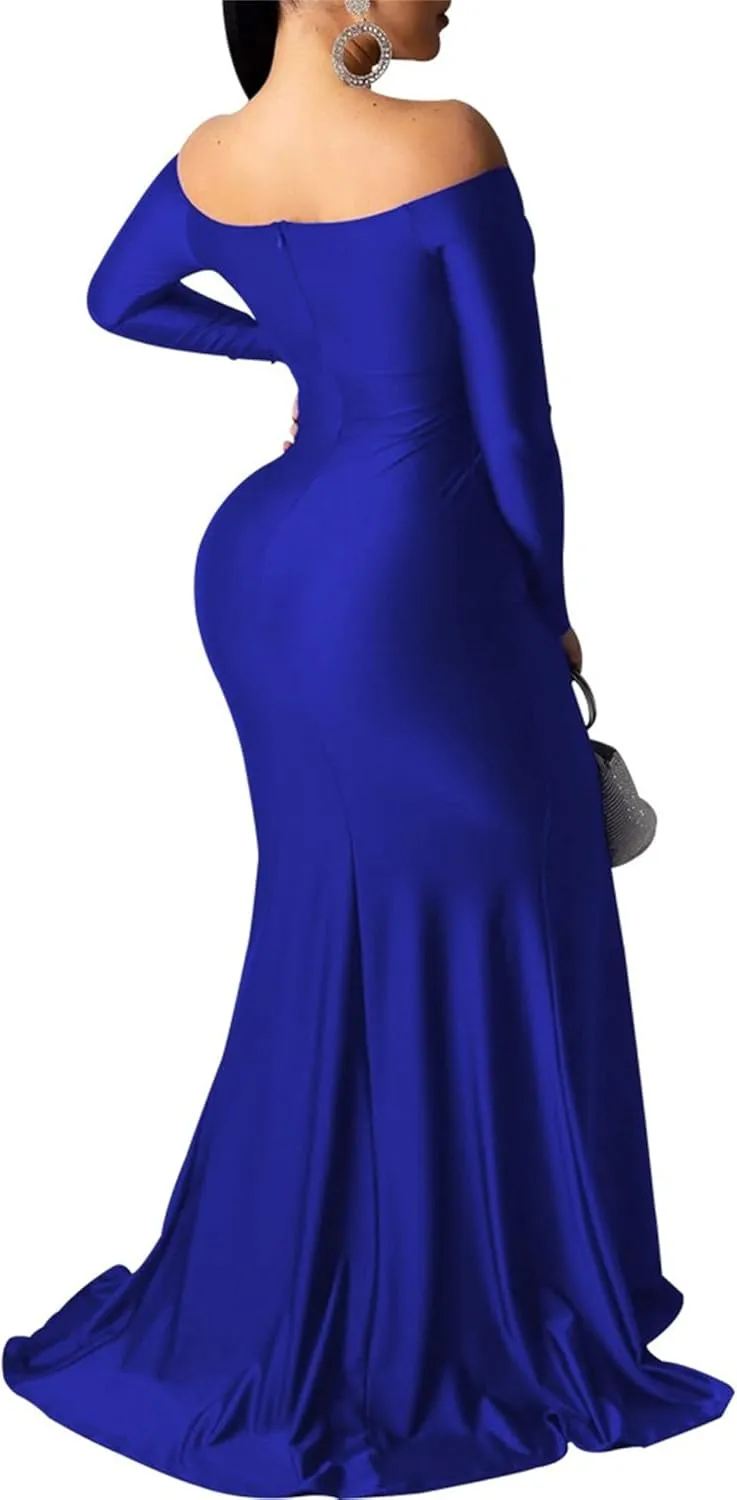 Women's V Neck Off Shoulder Club Party Dress Bodycon Fashion Split Hem Dress Ruched Satin Maxi Dresses