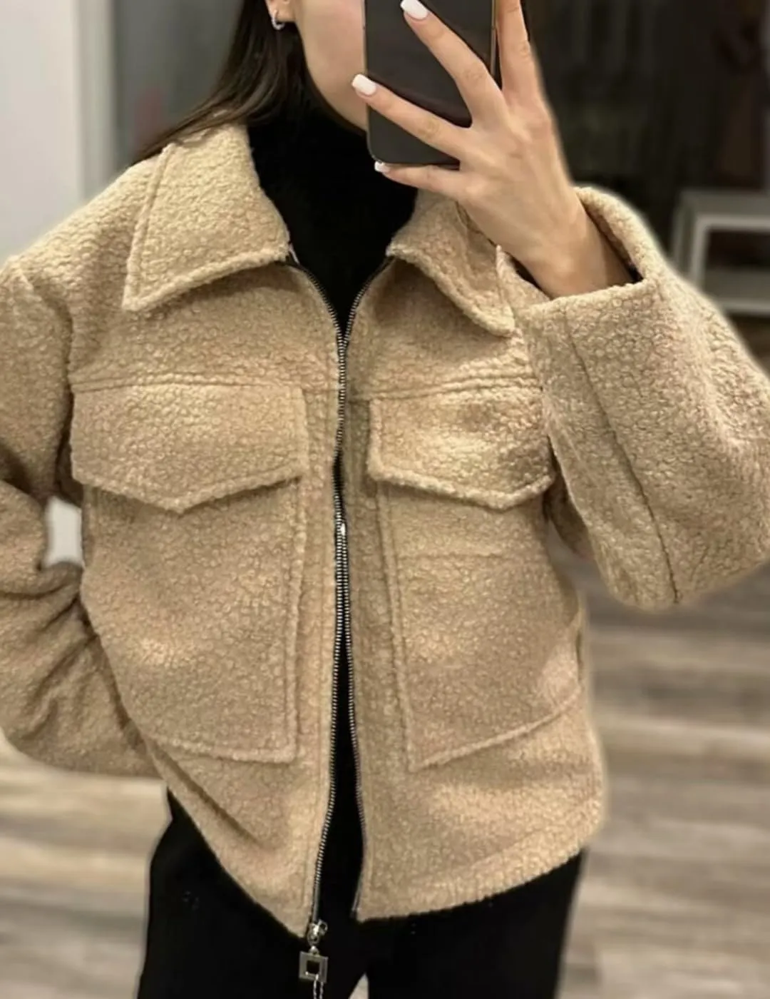 Womens Wool Blend Coat Lapel Zip Up Cropped Bomber Jacket Casual Pea Coat Outerwear with Pockets