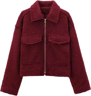 Womens Wool Blend Coat Lapel Zip Up Cropped Bomber Jacket Casual Pea Coat Outerwear with Pockets