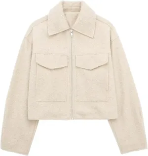 Womens Wool Blend Coat Lapel Zip Up Cropped Bomber Jacket Casual Pea Coat Outerwear with Pockets