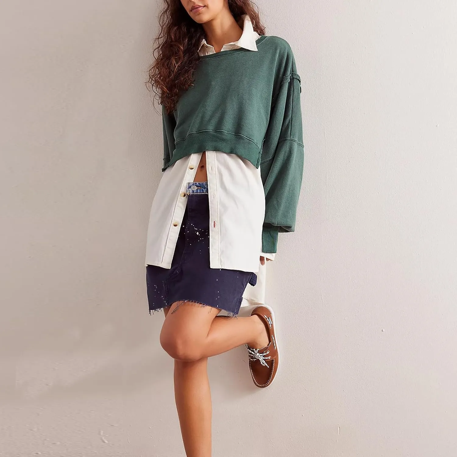 Womens Y2k Cropped Sweatshirts Crew Neck Oversized Sweatshirt Loose Long Sleeve Shirts Going Out Fall Fashion