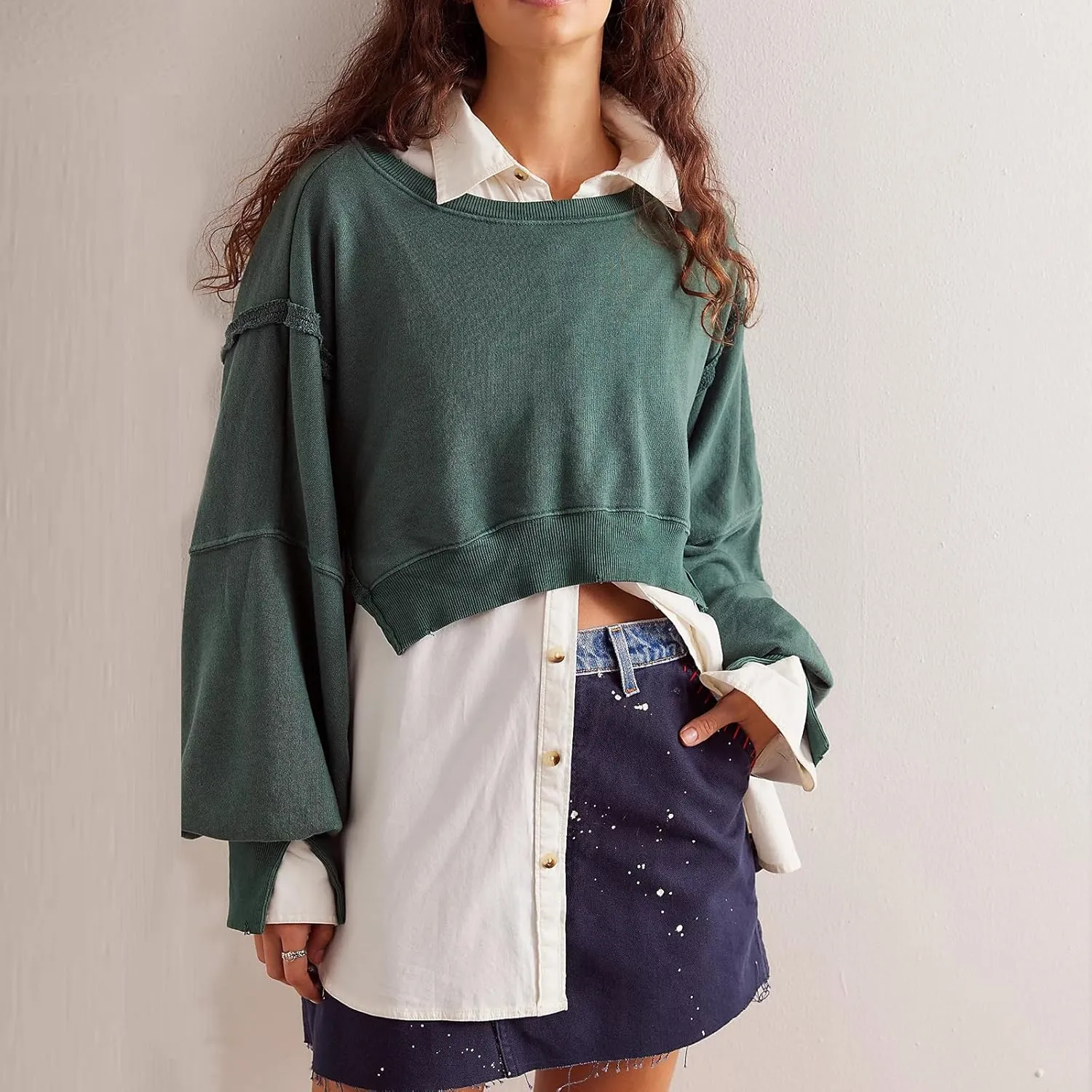 Womens Y2k Cropped Sweatshirts Crew Neck Oversized Sweatshirt Loose Long Sleeve Shirts Going Out Fall Fashion