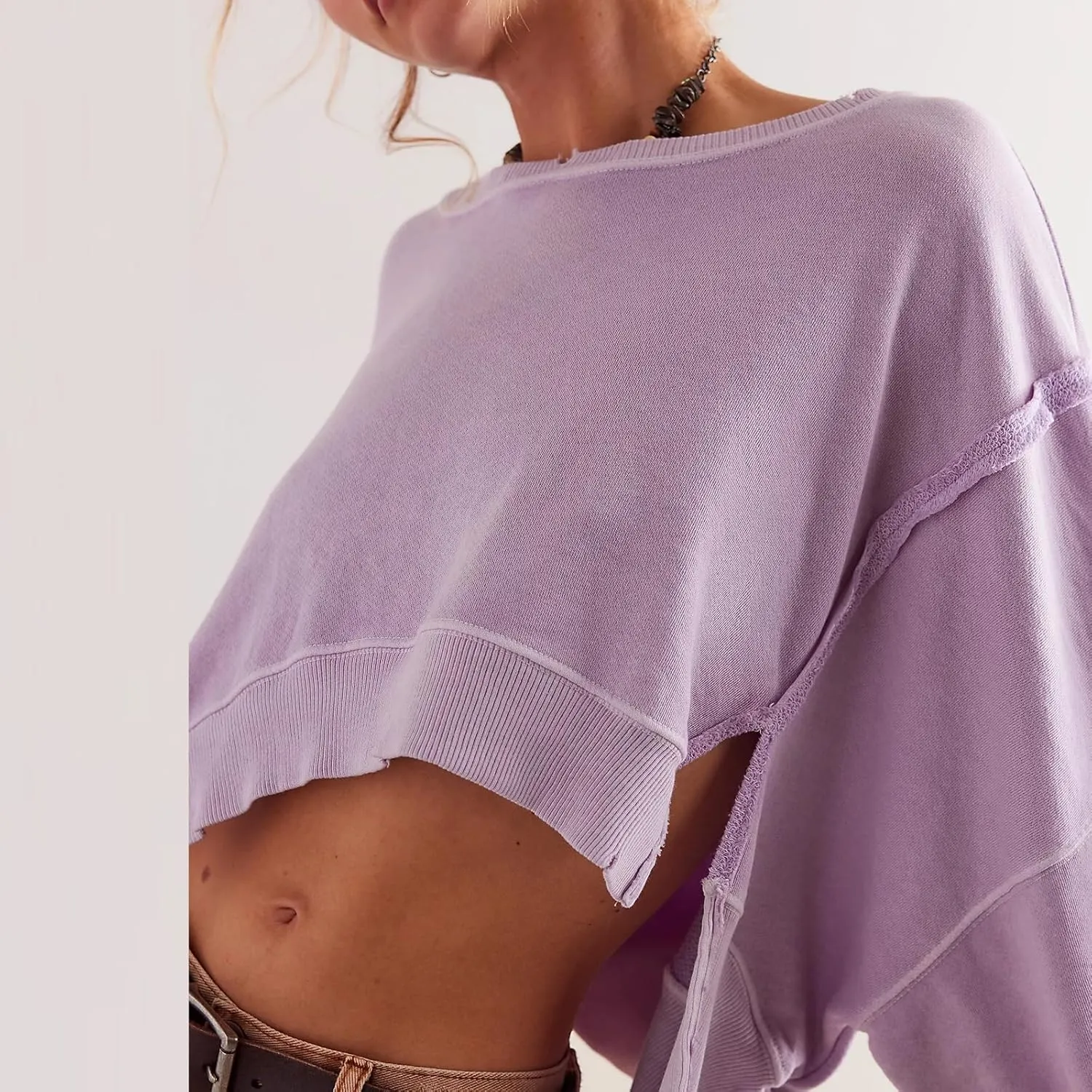 Womens Y2k Cropped Sweatshirts Crew Neck Oversized Sweatshirt Loose Long Sleeve Shirts Going Out Fall Fashion