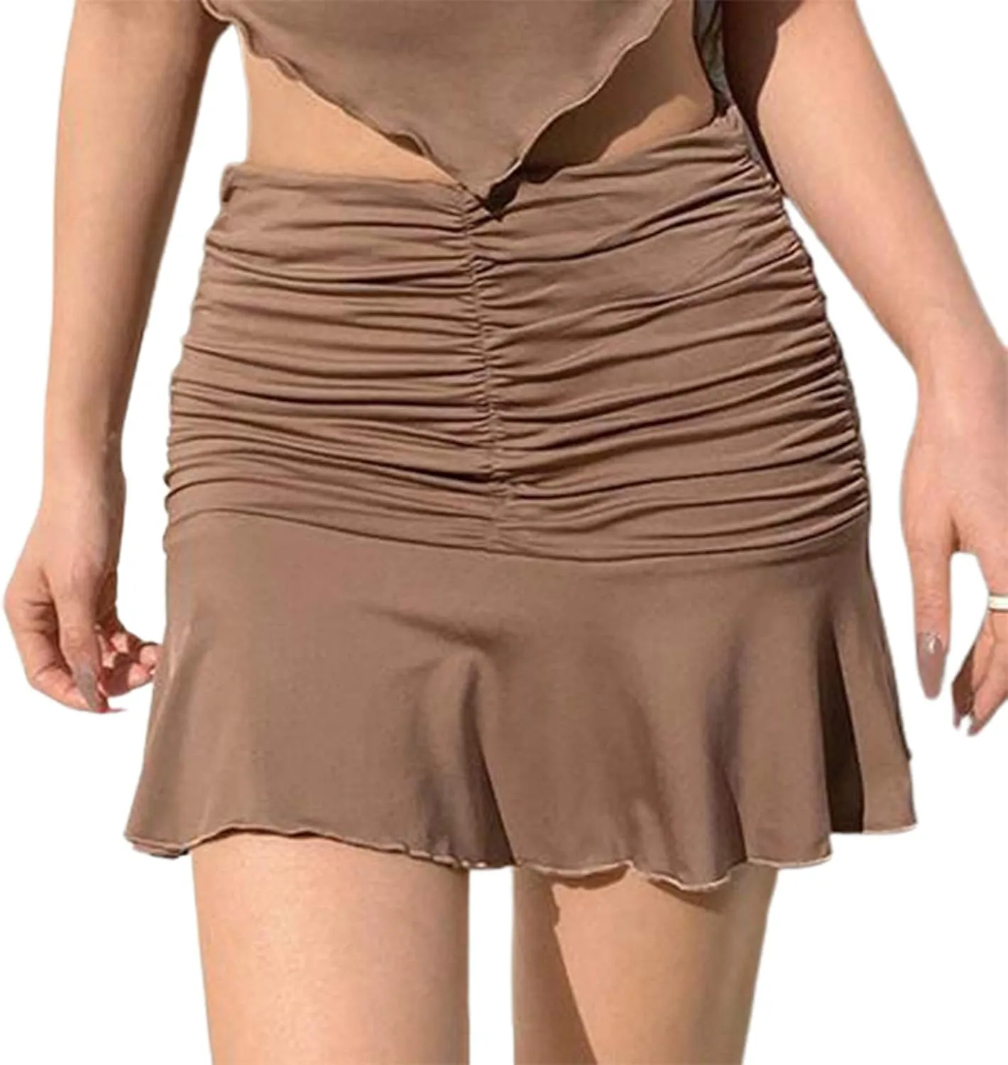 Women's Y2K Sexy Ruched Pleated Ruffle Mini Skirt Stretchy A-Line Slim Fit High Waist Bodycon Beachwear Short Skirt