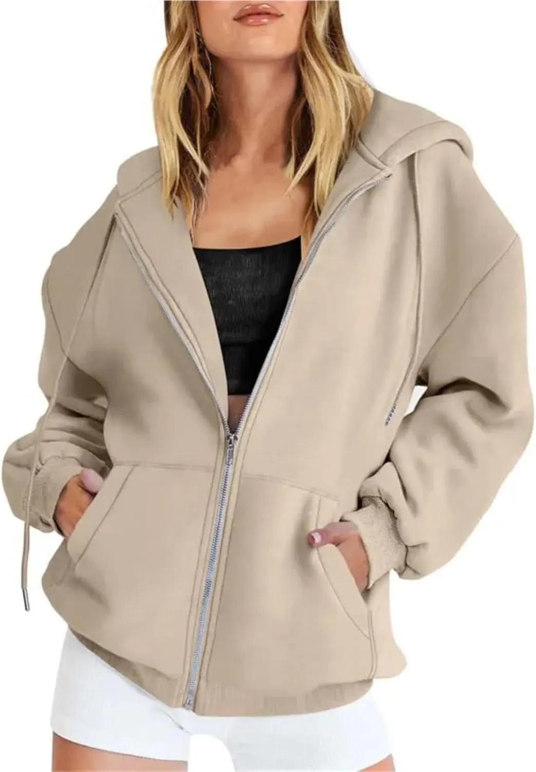 Women's Zip Up Hoodies Casual Hooded Jacket Workout Full Zip Sweatshirts Solid Pocket Coats