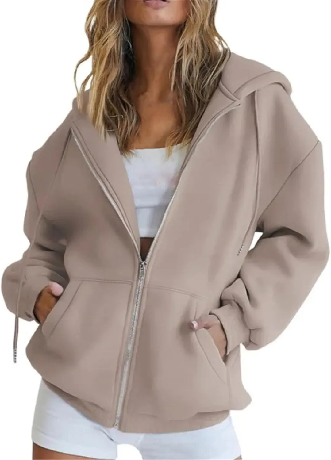 Women's Zip Up Hoodies Casual Hooded Jacket Workout Full Zip Sweatshirts Solid Pocket Coats