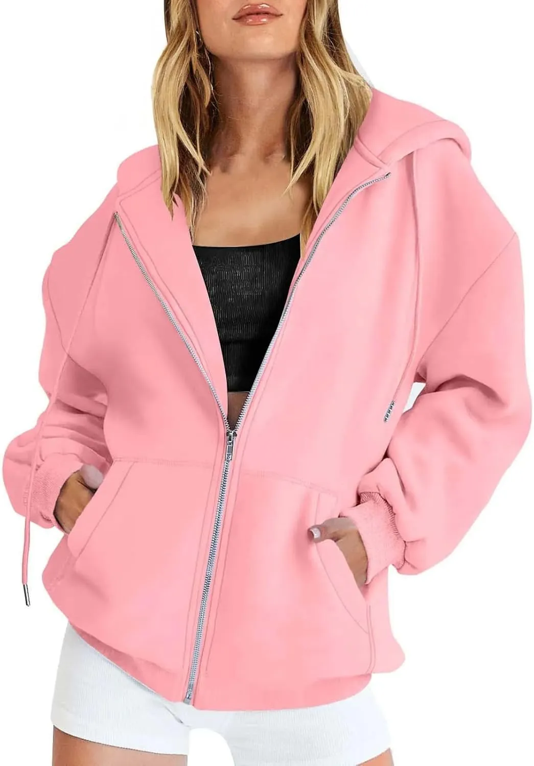 Women's Zip Up Hoodies Casual Hooded Jacket Workout Full Zip Sweatshirts Solid Pocket Coats