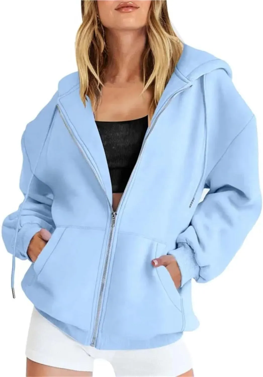 Women's Zip Up Hoodies Casual Hooded Jacket Workout Full Zip Sweatshirts Solid Pocket Coats