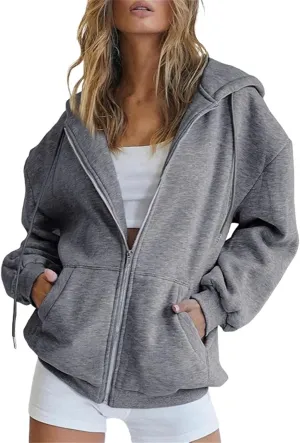 Women's Zip Up Hoodies Casual Hooded Jacket Workout Full Zip Sweatshirts Solid Pocket Coats