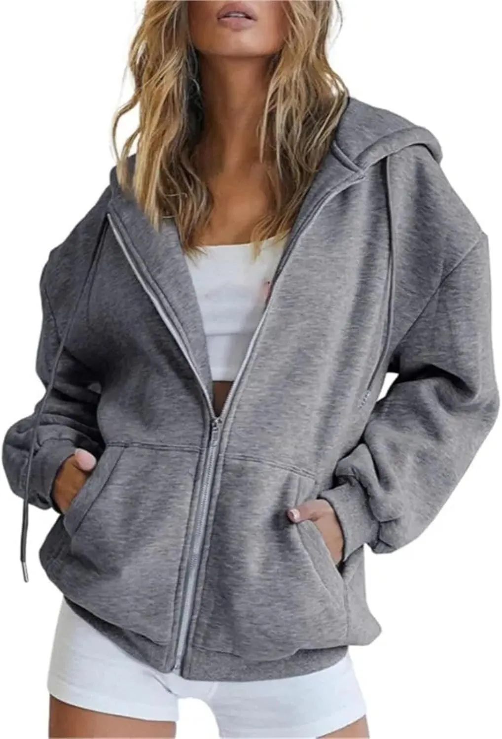 Women's Zip Up Hoodies Casual Hooded Jacket Workout Full Zip Sweatshirts Solid Pocket Coats