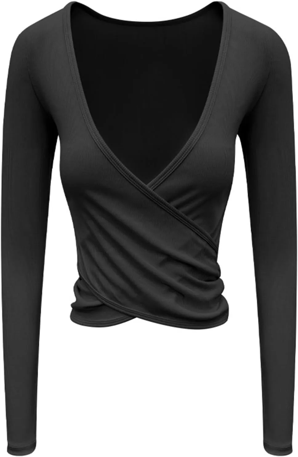 Y2k Ballet Wrap Top Women Sexy Long Sleeve Low Deep V Neck Crop T Shirt Tie Up Yoga Workout Tee Blouse