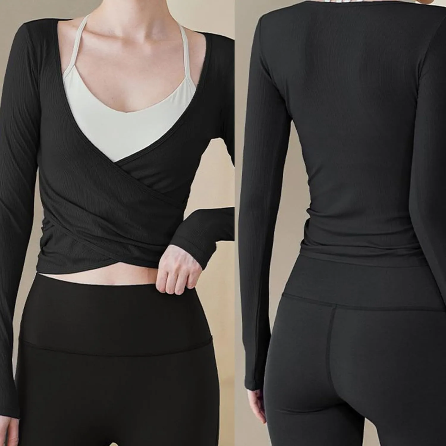 Y2k Ballet Wrap Top Women Sexy Long Sleeve Low Deep V Neck Crop T Shirt Tie Up Yoga Workout Tee Blouse