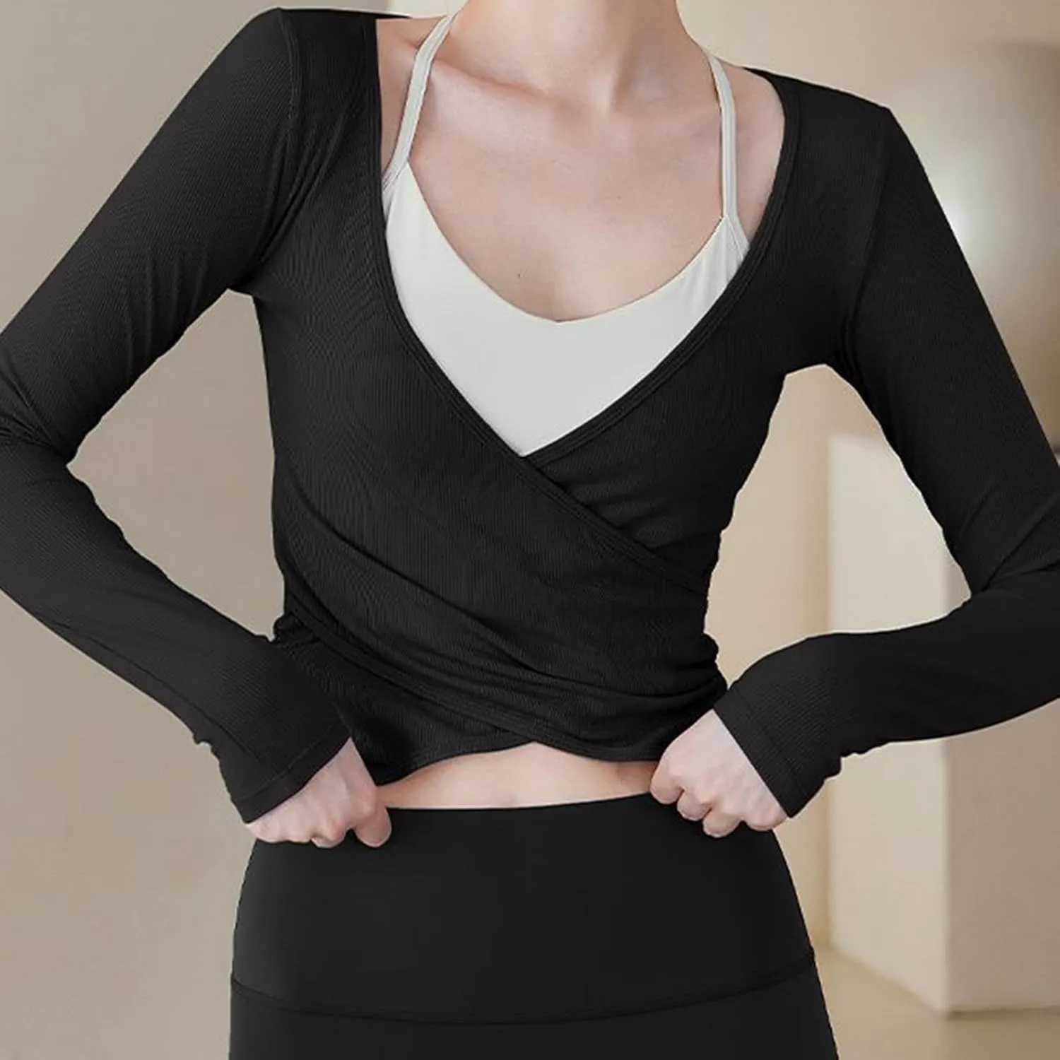 Y2k Ballet Wrap Top Women Sexy Long Sleeve Low Deep V Neck Crop T Shirt Tie Up Yoga Workout Tee Blouse