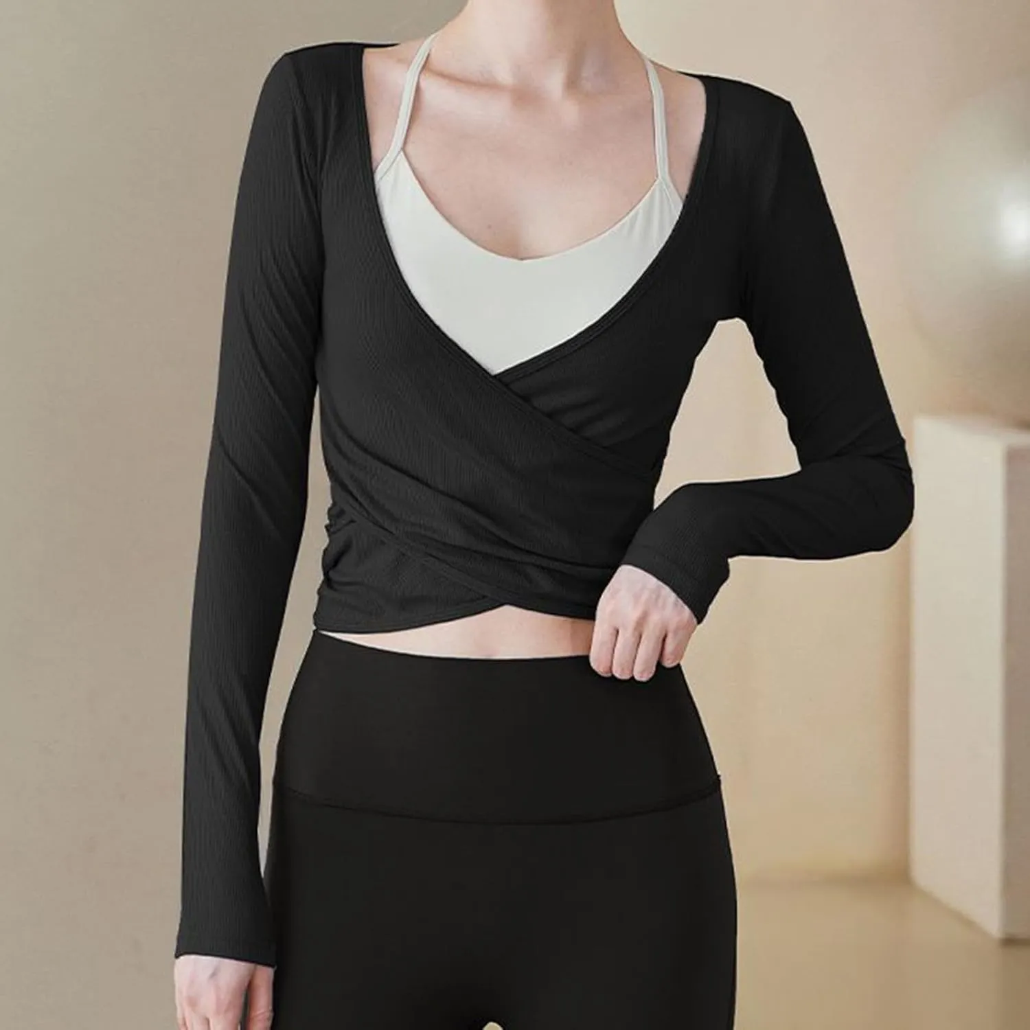 Y2k Ballet Wrap Top Women Sexy Long Sleeve Low Deep V Neck Crop T Shirt Tie Up Yoga Workout Tee Blouse