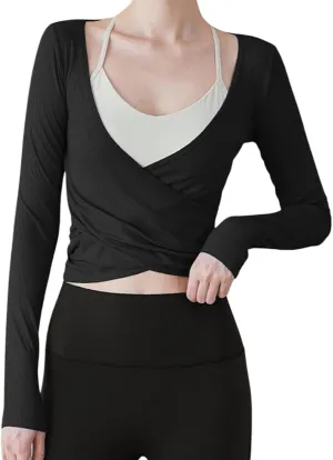 Y2k Ballet Wrap Top Women Sexy Long Sleeve Low Deep V Neck Crop T Shirt Tie Up Yoga Workout Tee Blouse