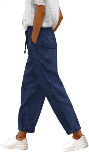 YESNO Corduroy Casual Straight Leg Pants for Women Elastic Waist Tapered Trousers with Pockets PCT