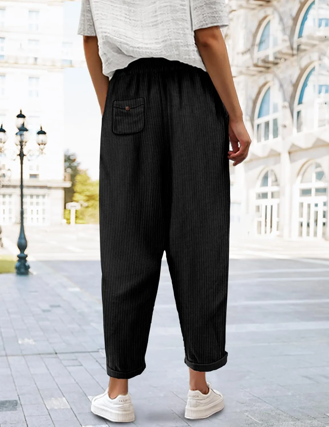 YESNO Corduroy Casual Straight Leg Pants for Women Elastic Waist Tapered Trousers with Pockets PCT