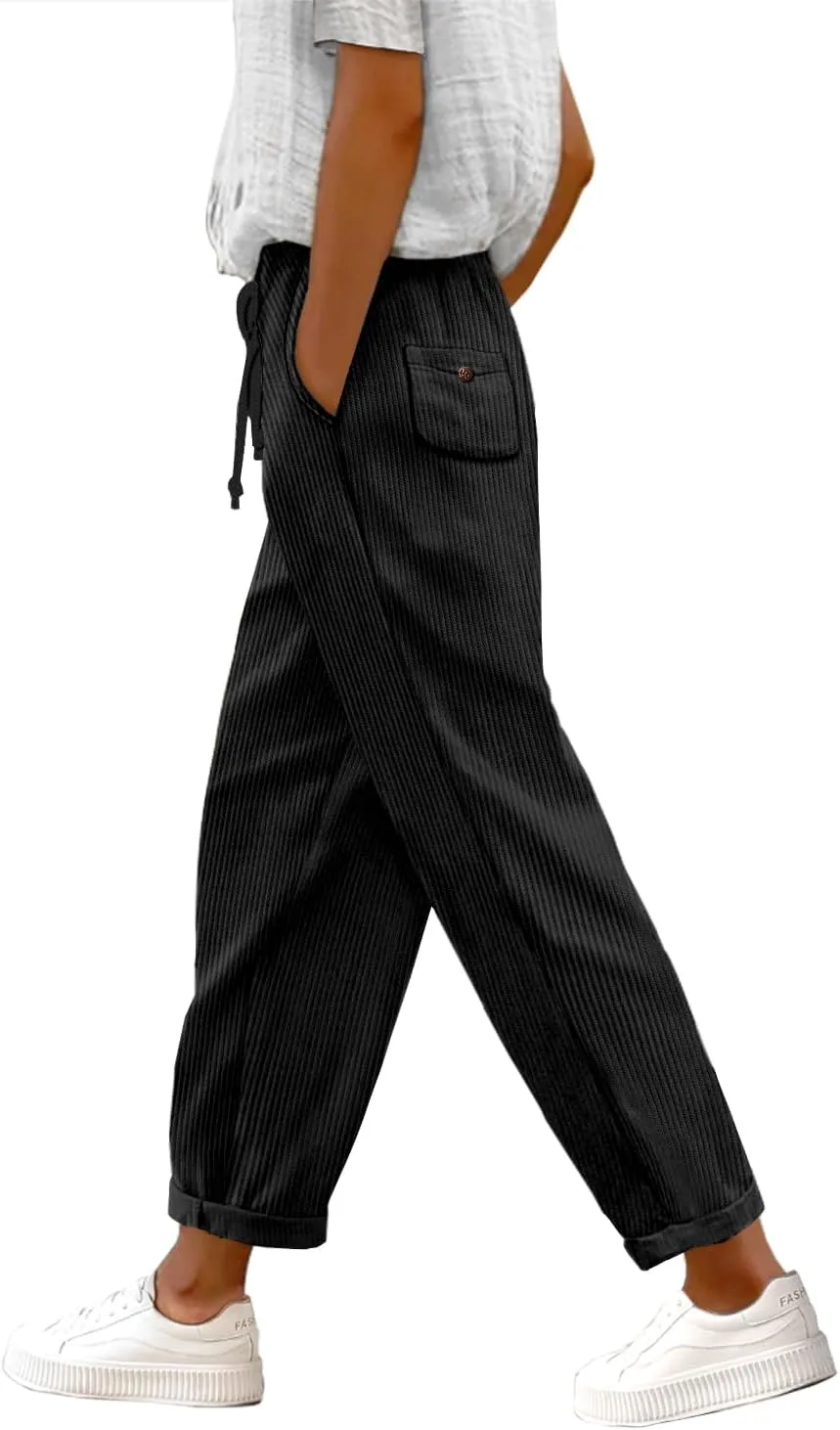 YESNO Corduroy Casual Straight Leg Pants for Women Elastic Waist Tapered Trousers with Pockets PCT