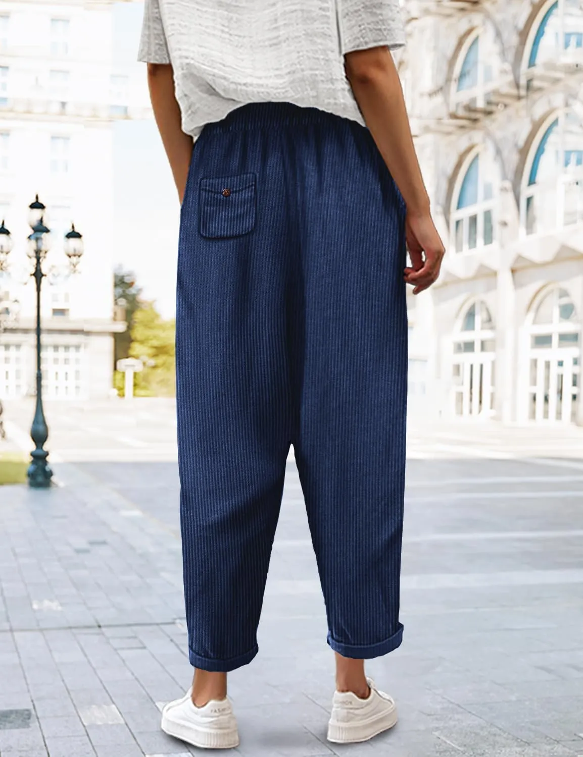 YESNO Corduroy Casual Straight Leg Pants for Women Elastic Waist Tapered Trousers with Pockets PCT