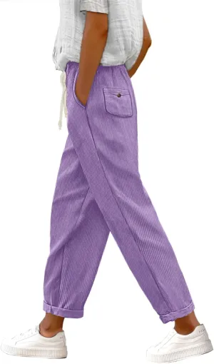 YESNO Corduroy Casual Straight Leg Pants for Women Elastic Waist Tapered Trousers with Pockets PCT
