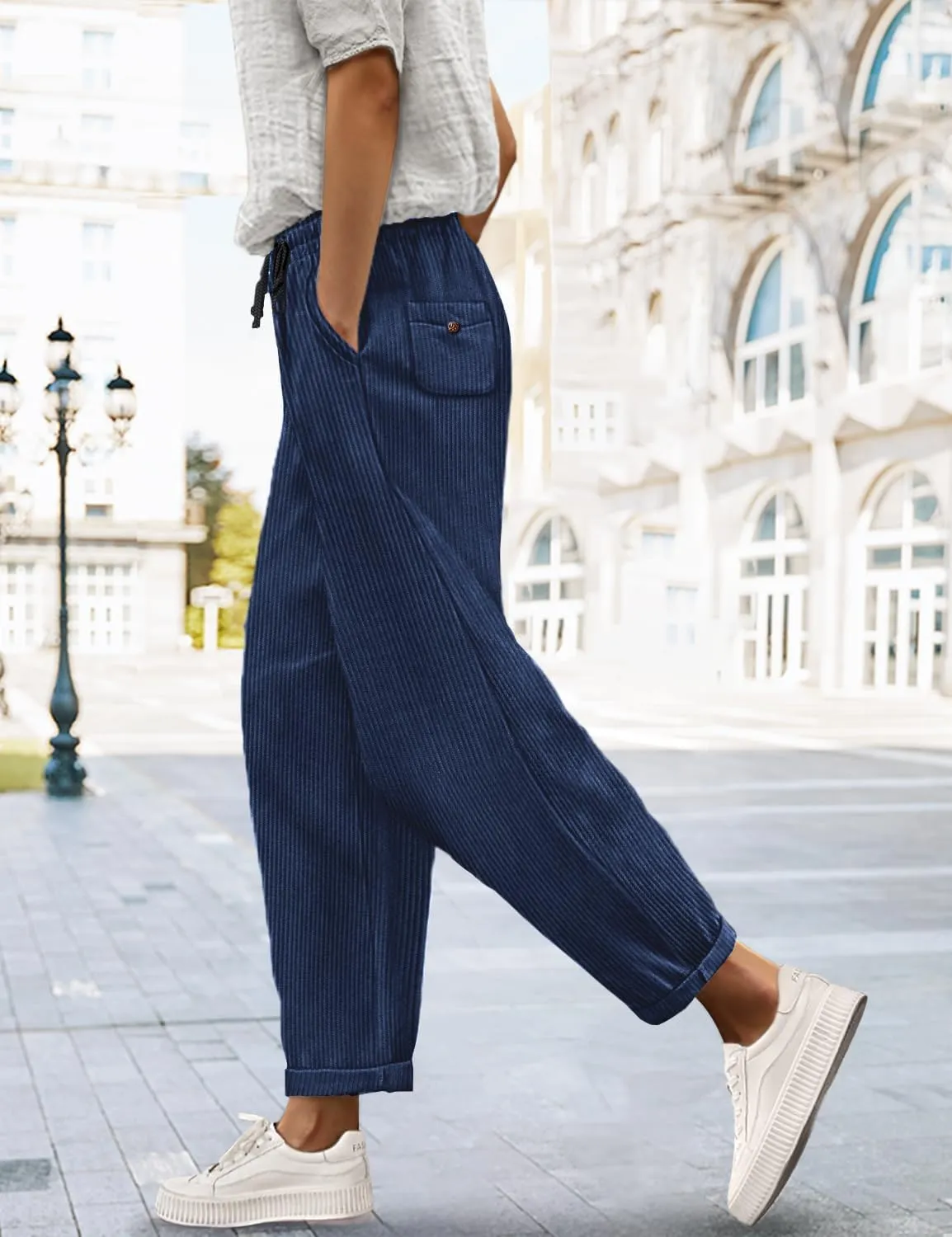 YESNO Corduroy Casual Straight Leg Pants for Women Elastic Waist Tapered Trousers with Pockets PCT